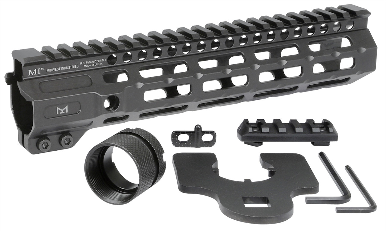 Midwest Industries Combat Rail free float handguard with M-LOK, accessories including barrel nut and rail.